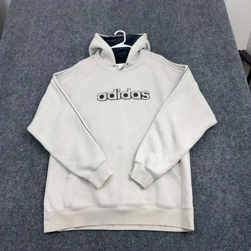Adidas Hoodie Mens L Cream Cotton Polyester Embroidered Logo Streetwear